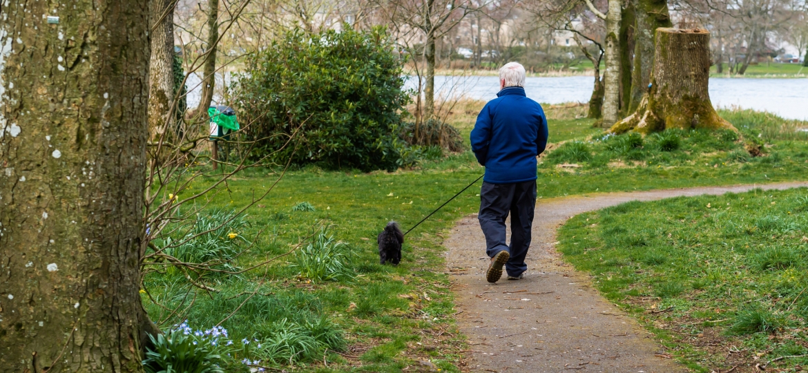 Deppig och vilse sent i livet – finns det en lösning? Bild visar en person som är ute och går med sin hund i en park