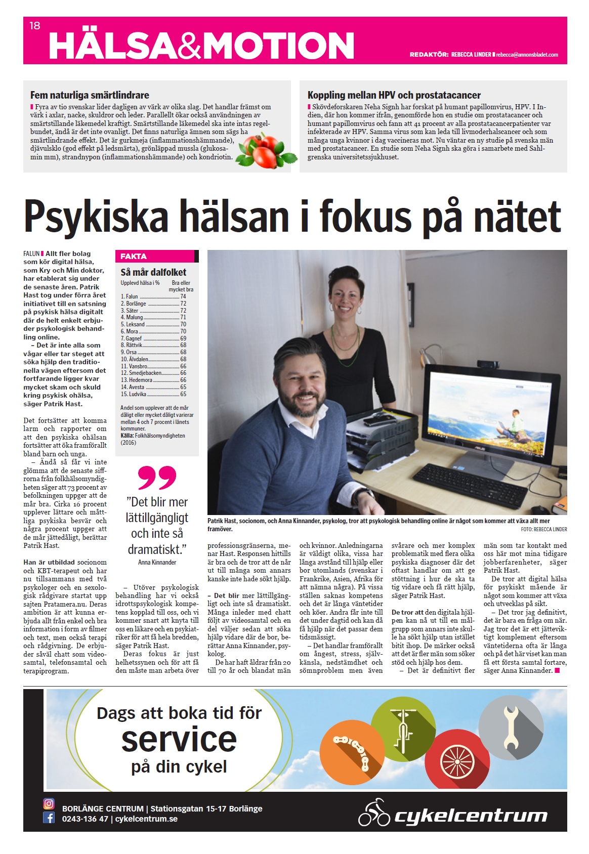 Psykisk hälsa i fokus på nätet - intervju i annonsbladet Lokalt i Falun